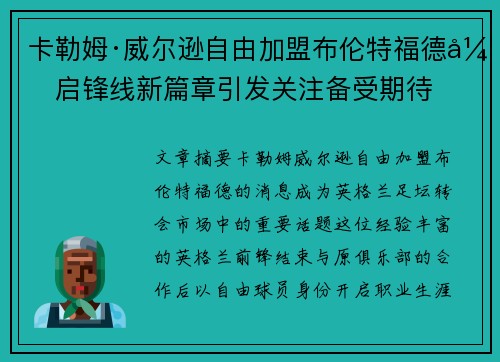 卡勒姆·威尔逊自由加盟布伦特福德开启锋线新篇章引发关注备受期待